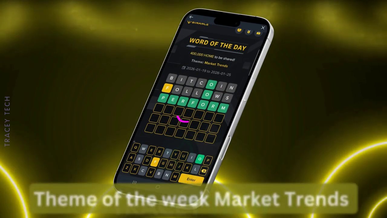 The video opens with the sleek Binance logo glowing within a vibrant ring against a dark, neon-accented background.