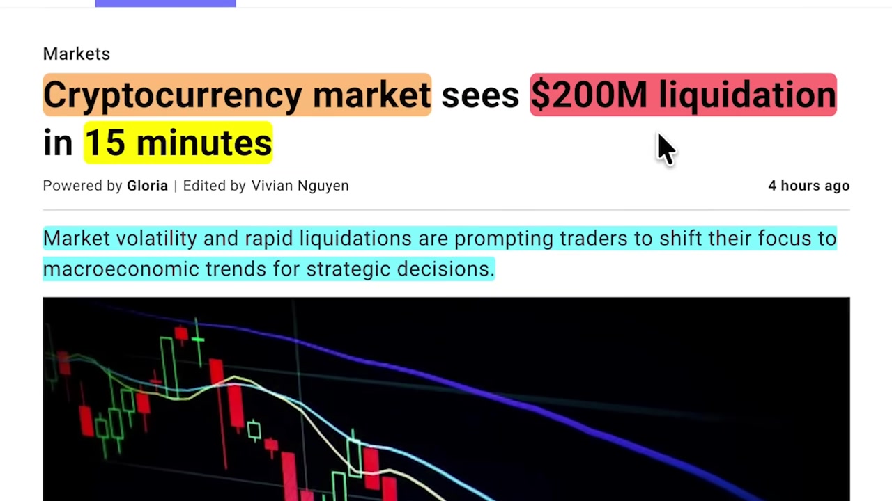 A dramatic chart shows a sharp, sudden drop in cryptocurrency market capitalization, illustrating the $200 million liquidation event.