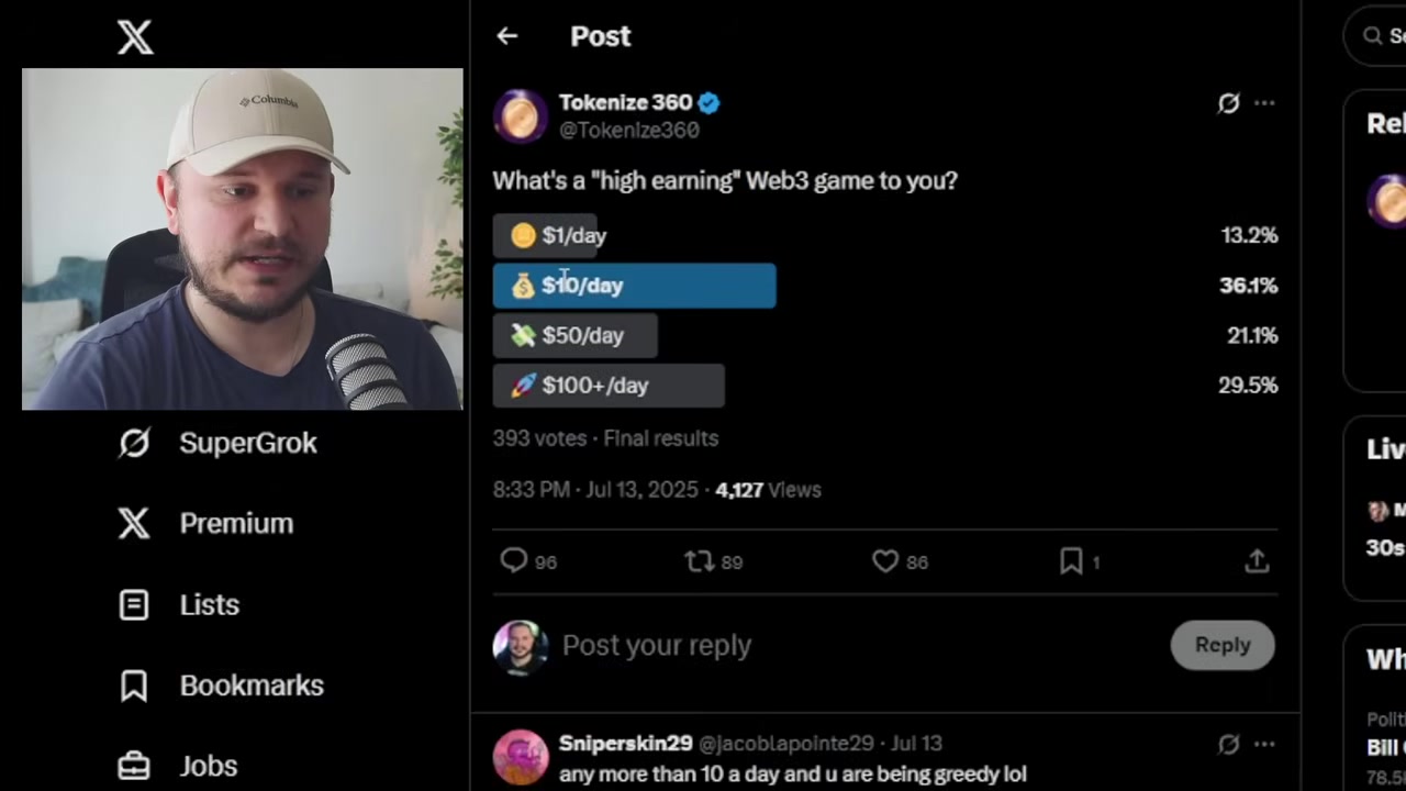 A social media poll graphic showing community votes defining a "high-earning" crypto game, with $10 per day as the leading choice.