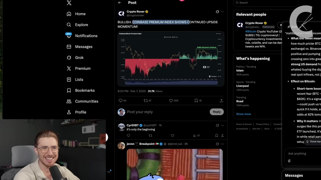 A chart overlay showing the Coinbase Premium Index trending positively, with an arrow indicating "U.S. Demand."