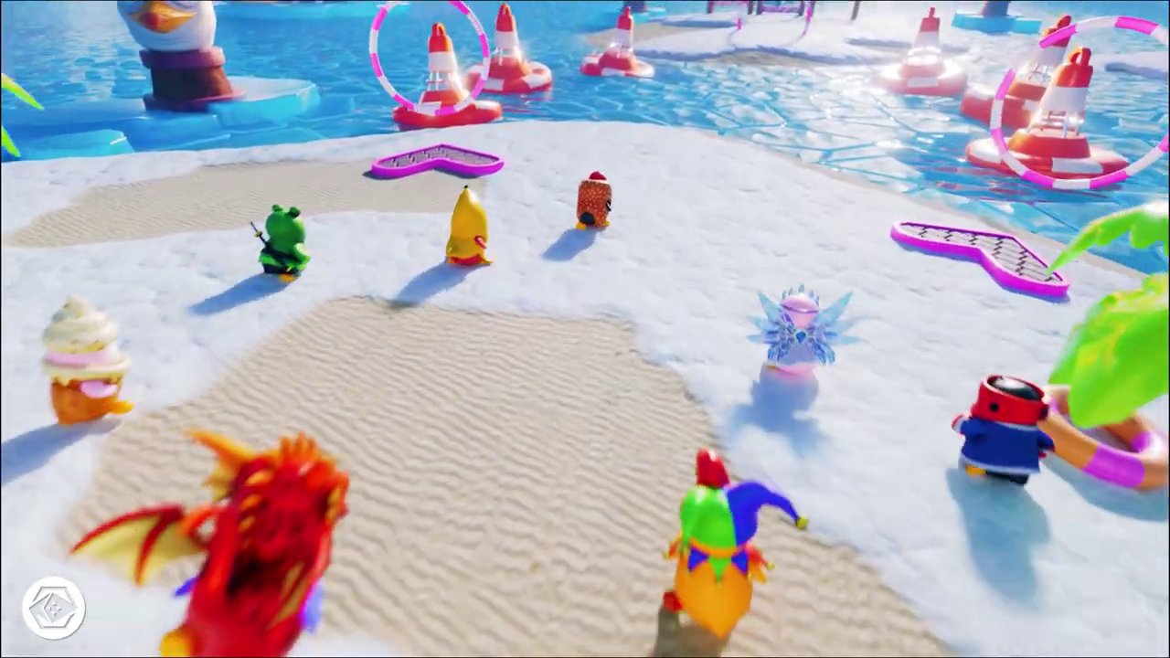 Gameplay scene from Pudgy Party showing penguin avatars navigating a chaotic obstacle course.