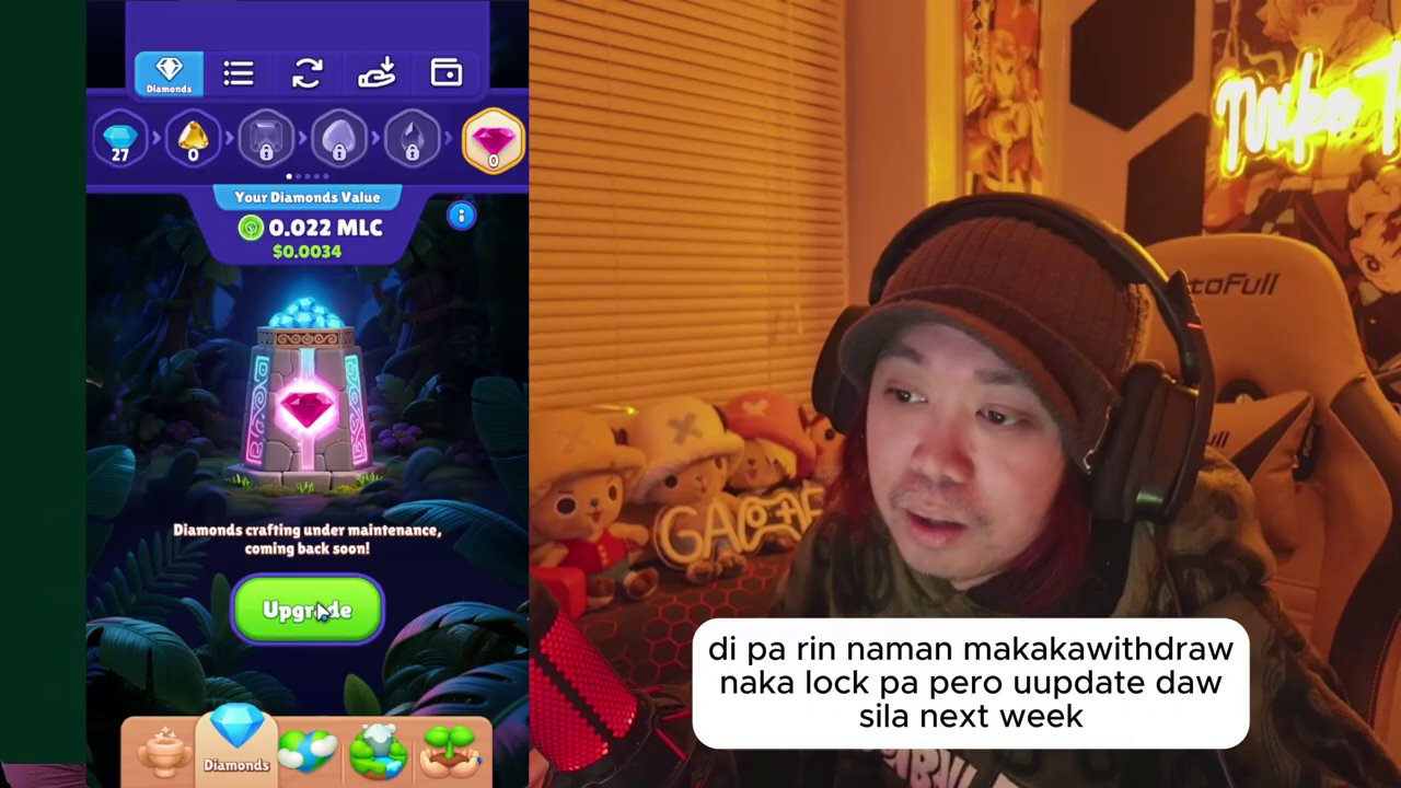 The game dashboard showing a player's accumulated blue diamonds and their current value in MLC and US Dollars.