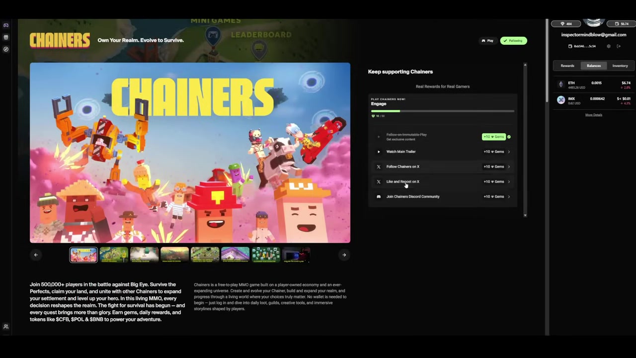 The Immutable Quests interface showing the "Follow Now" quest for Chainers, rewarding 10 gems.