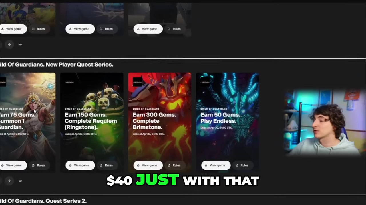 A screenshot from the Guild of Guardians mobile interface, highlighting a quest completion reward of 575 IMX tokens.