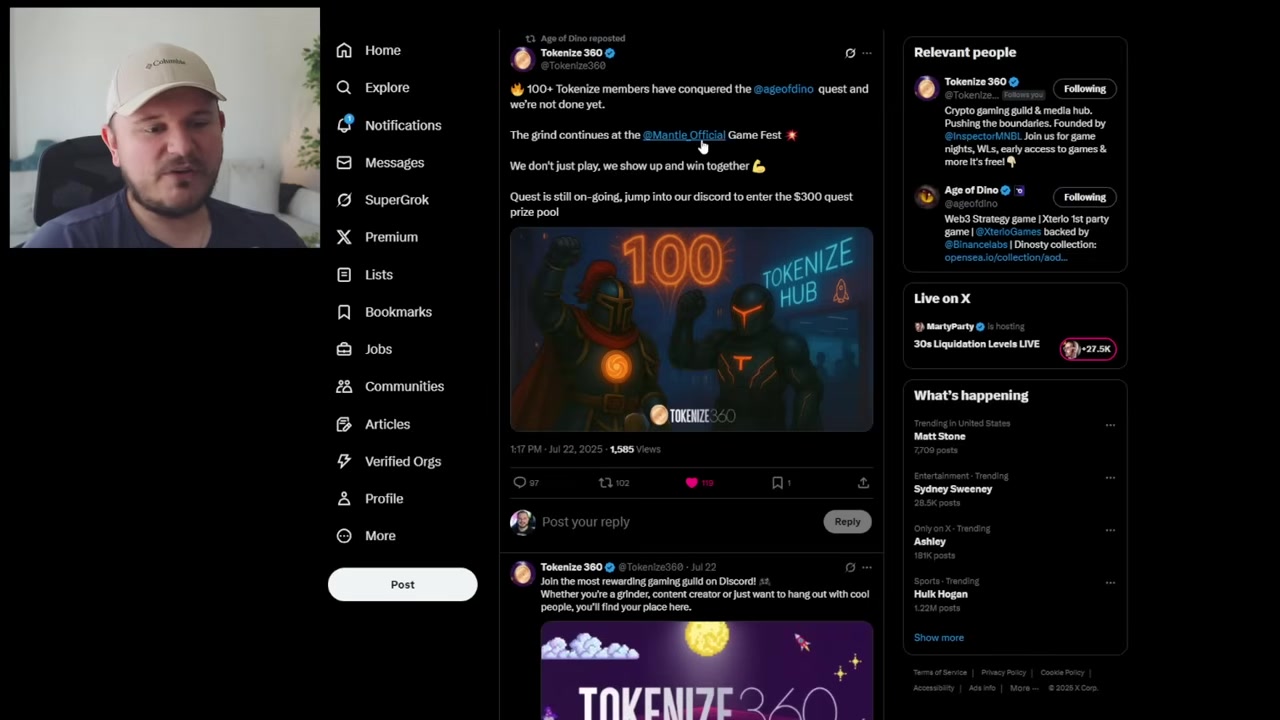 A screenshot of the Tokenized 360 Discord server interface, showing the "Active Quests" channel and the submission process for the Age of Dino GameFest challenge.