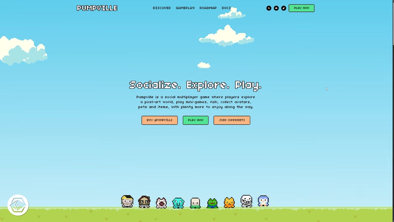 A vibrant scene from the Pumpfill pixel art world, showing players fishing, exploring, and socializing together.