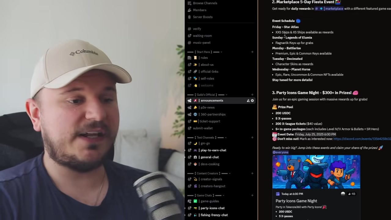 A promotional graphic for the "Marketplace Fiesta" event within a Discord community, listing a week's schedule of NFT and whitelist giveaways for various games.