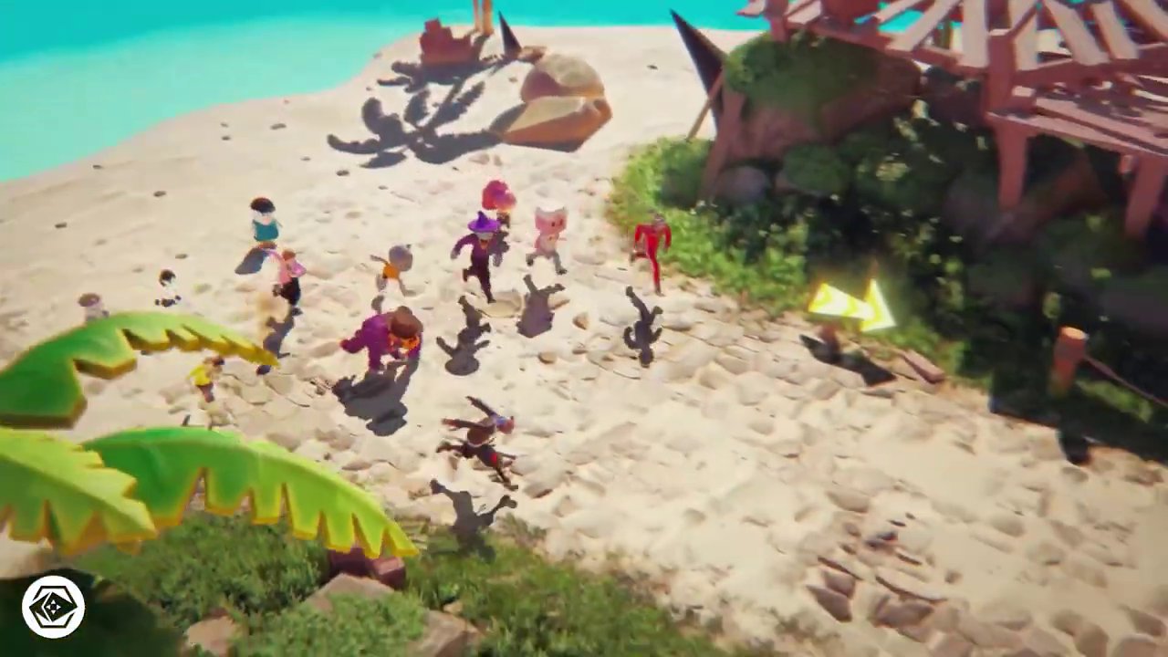 A screenshot from Nifty Island showing a user's customized island with various structures and NFT-based avatars.