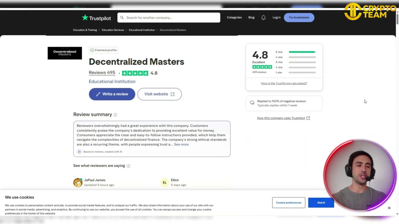 The Decentralized Masters Trustpilot page showing a high rating and numerous positive, verified reviews.
