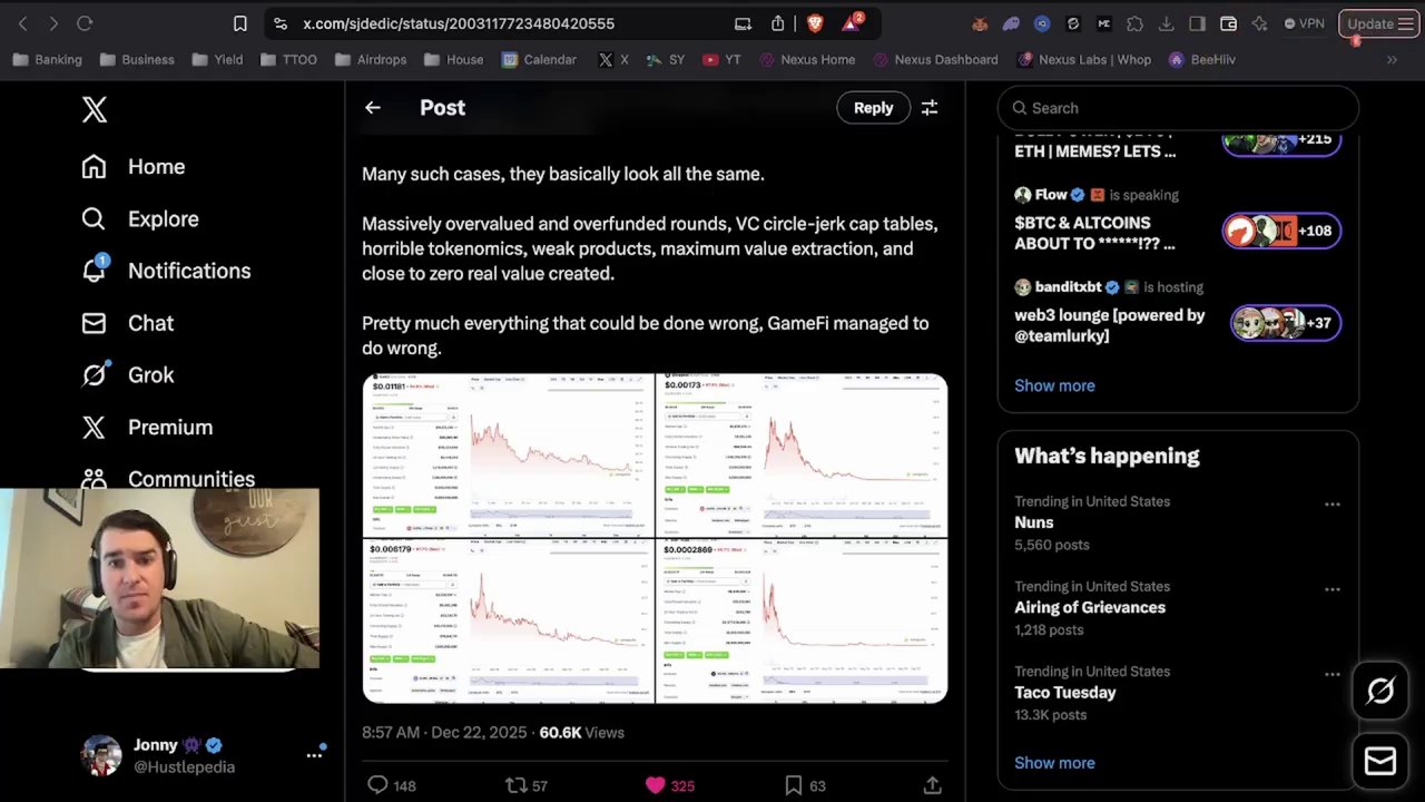 A split-screen comparison: on one side, a slick game trailer from a 2021 crypto gaming project; on the other, a graph showing its token price crashing to near zero.