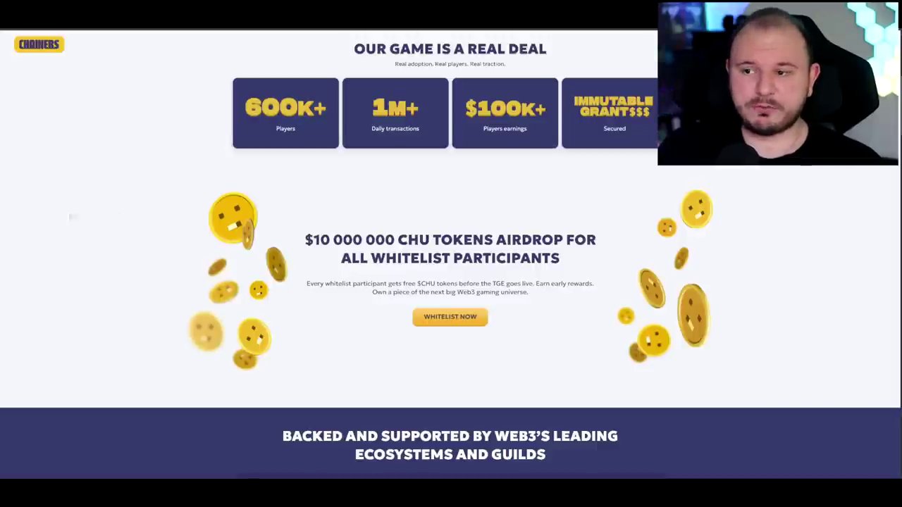 The Chainers token sale website interface, highlighting the 50% community discount and the detailed tokenomics pie chart.