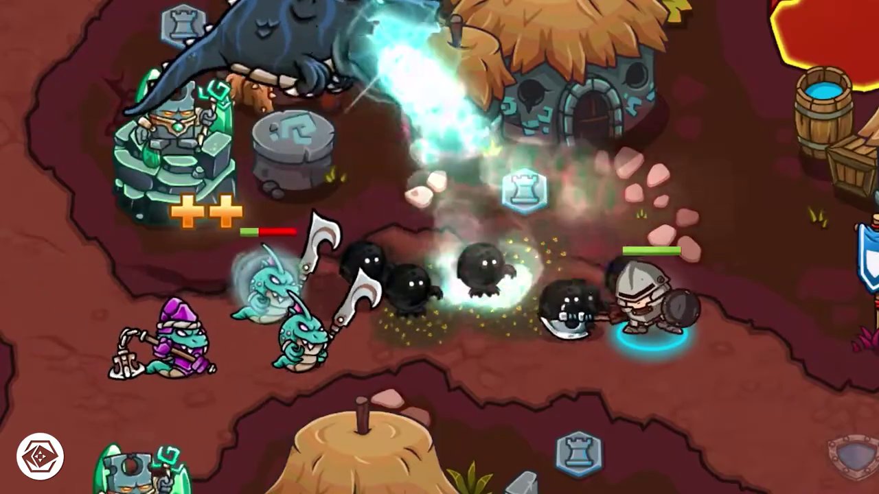 Gameplay screenshot from Crazy Defense Heroes showing a battlefield with various defensive towers battling enemy waves.