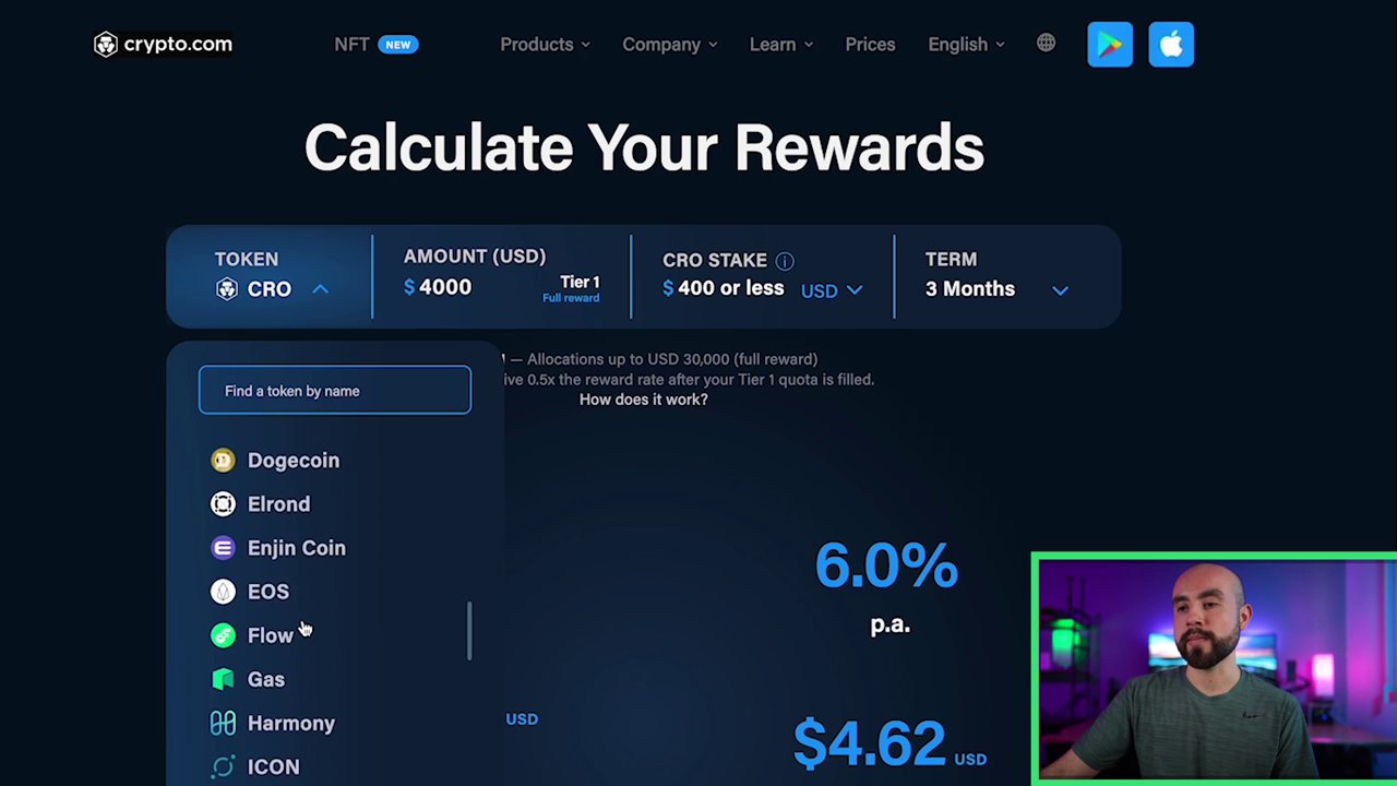 A screenshot of the Crypto.com app interface showing the selection of different staking terms: Flexible, 1 Month, and 3 Months.