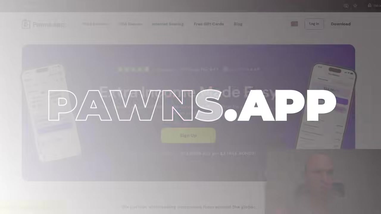 A smartphone screen showing the Pawns.app interface with a "Bandwidth Sharing Active" notification and a small earnings counter ticking up.