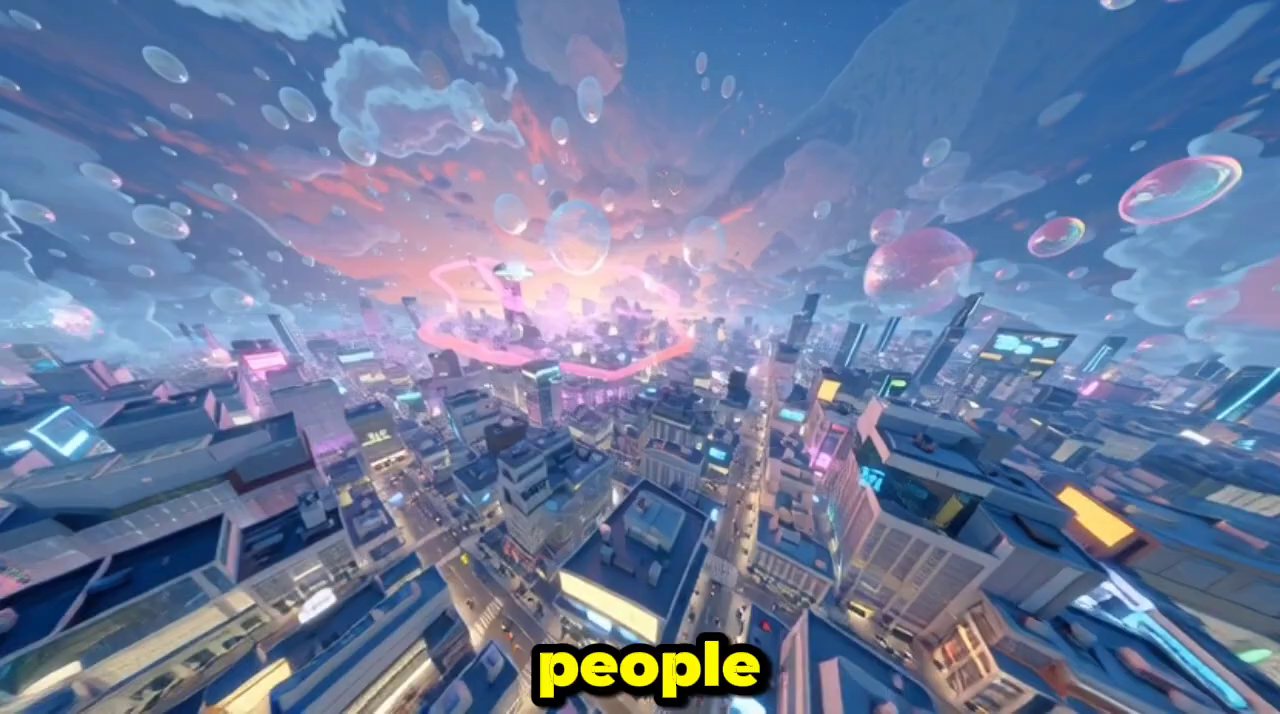 An artistic render of a vibrant, user-created world within The Sandbox metaverse, showcasing buildings, avatars, and interactive elements.