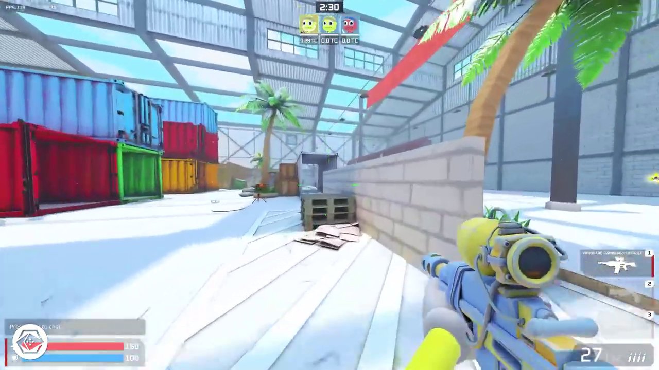 Gameplay screenshot from Super Trip Land showing a player in combat, with the unique UI and weapon models visible.