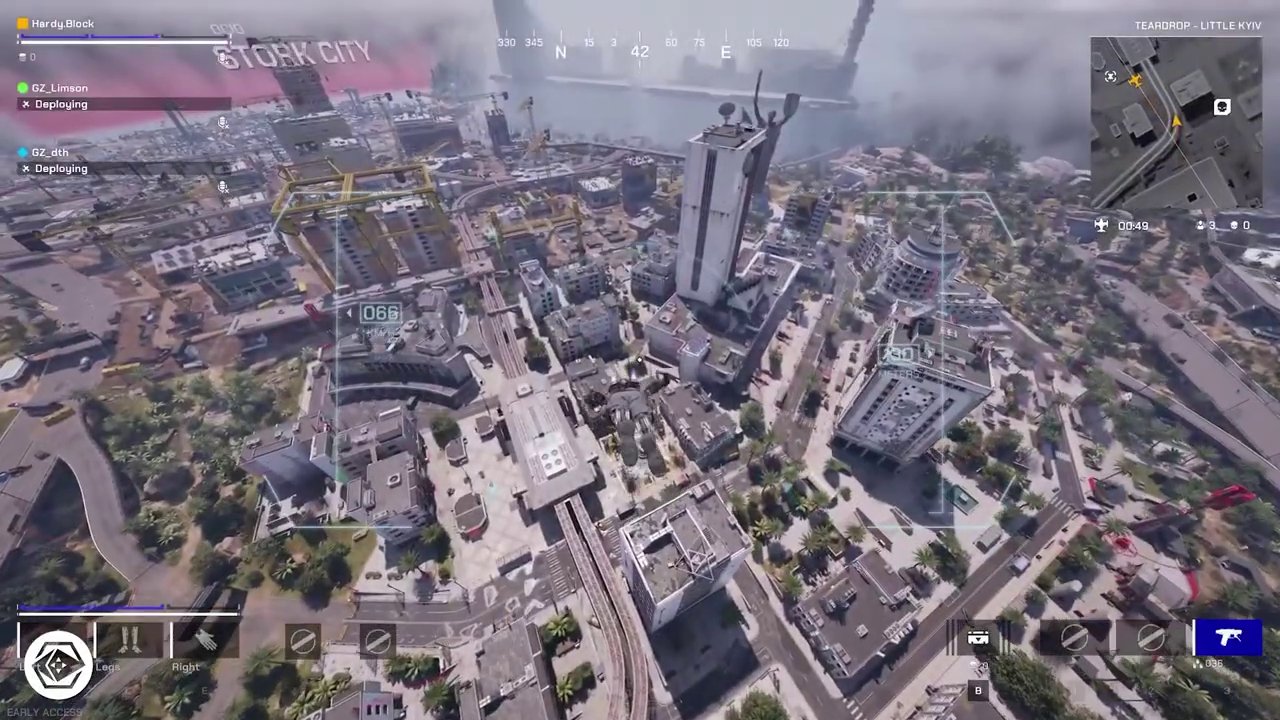 A cinematic shot from Off The Grid showcasing its dystopian cyberpunk environment and intense player-versus-player action.