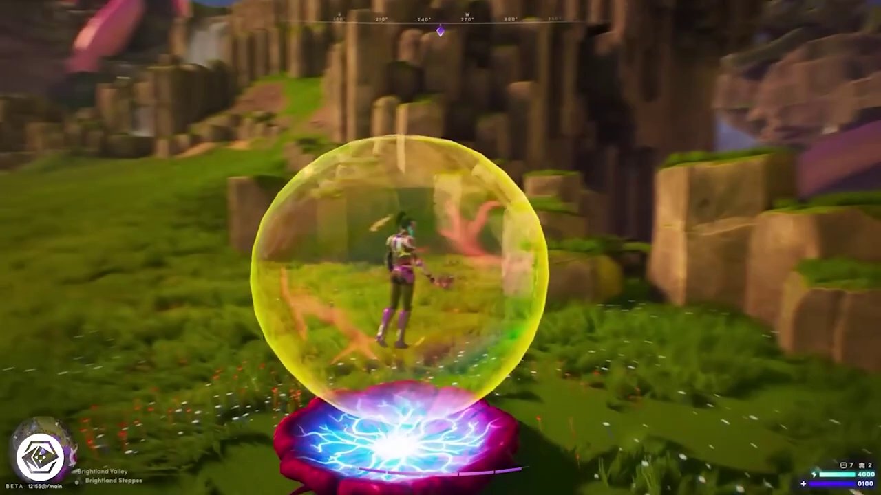 A cinematic scene from Illuvium: Overworld, showing a player's character exploring a lush, alien biome with strange creatures in the distance.