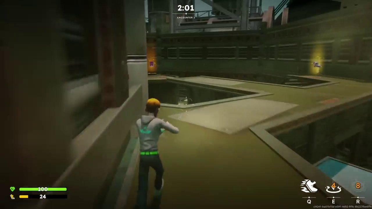 A player character surveys the arena, with various weapon pickups visible in the environment.