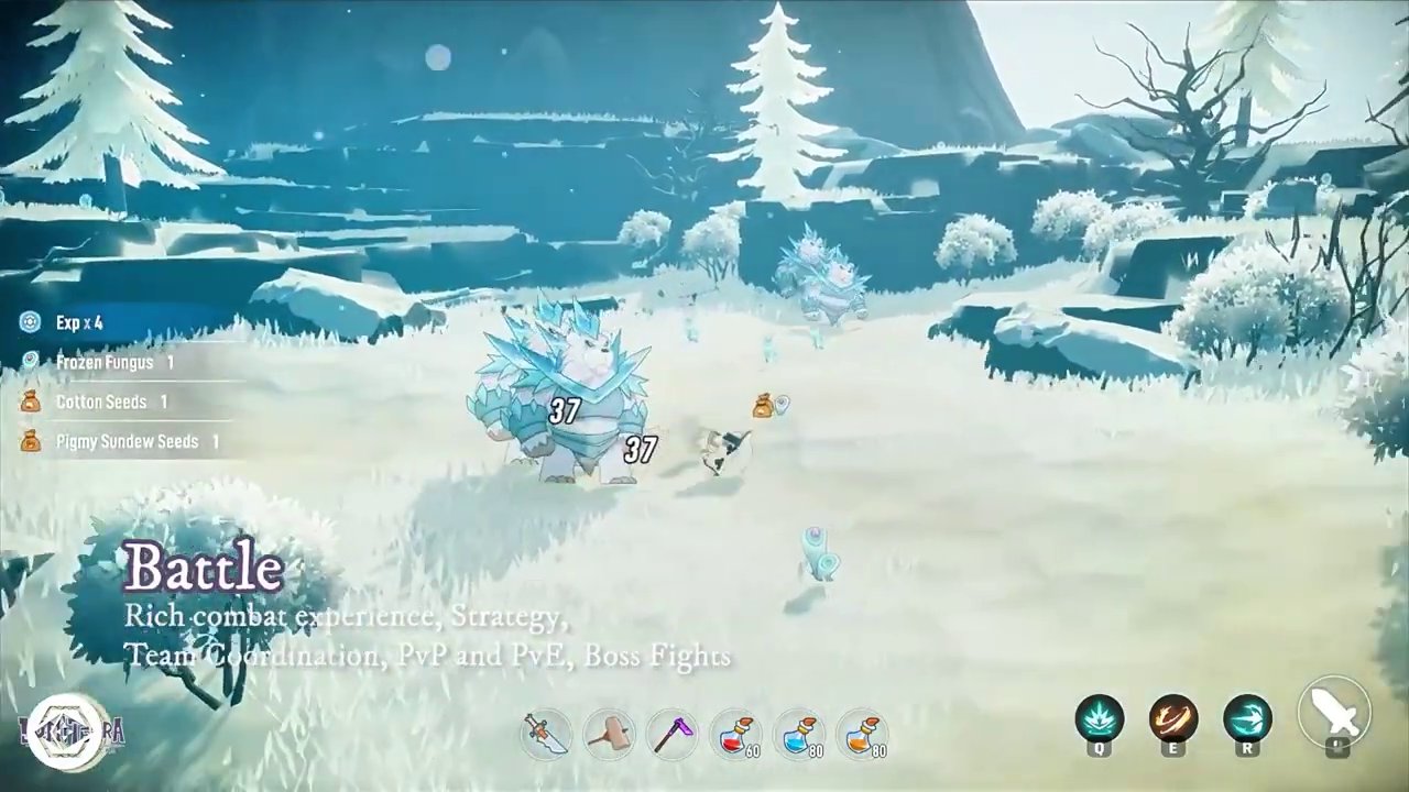 Gameplay footage showcasing the vibrant, open fantasy world of Lumetera, with a character exploring a lush landscape.