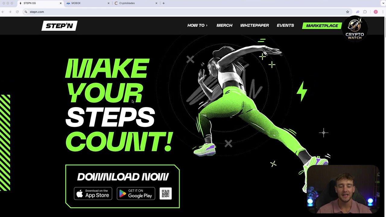 A screenshot of the StepN app interface on a mobile phone, showing a map and fitness stats.