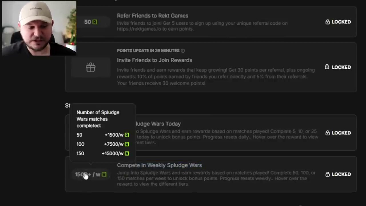 The "Stay Wrecked, Stay Rewarded" profile page, showing point rewards for completing 50 and 100 matches.