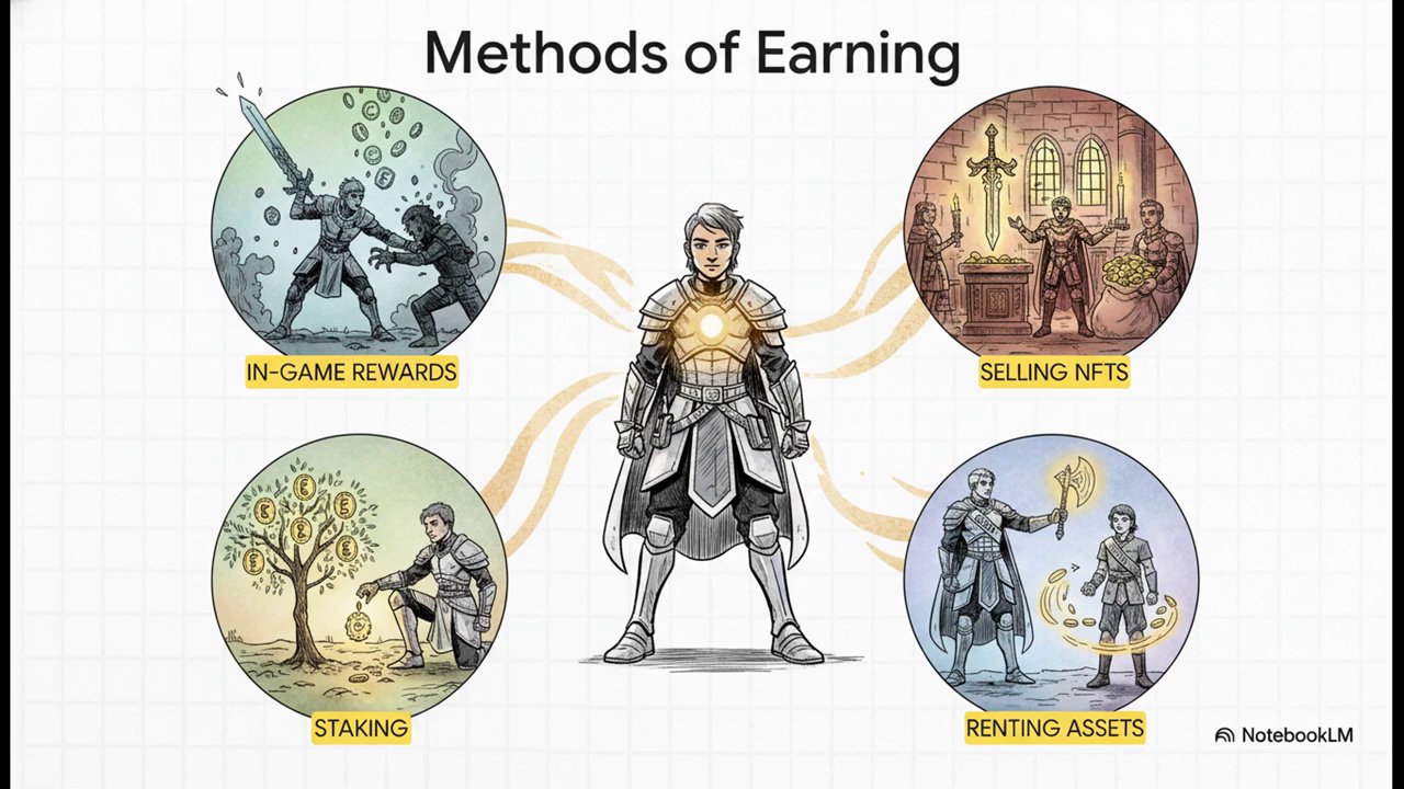 A conceptual graphic showing a scale tipping heavily towards "EARN" with "PLAY" lifted high in the air, illustrating the imbalance in early P2E models.