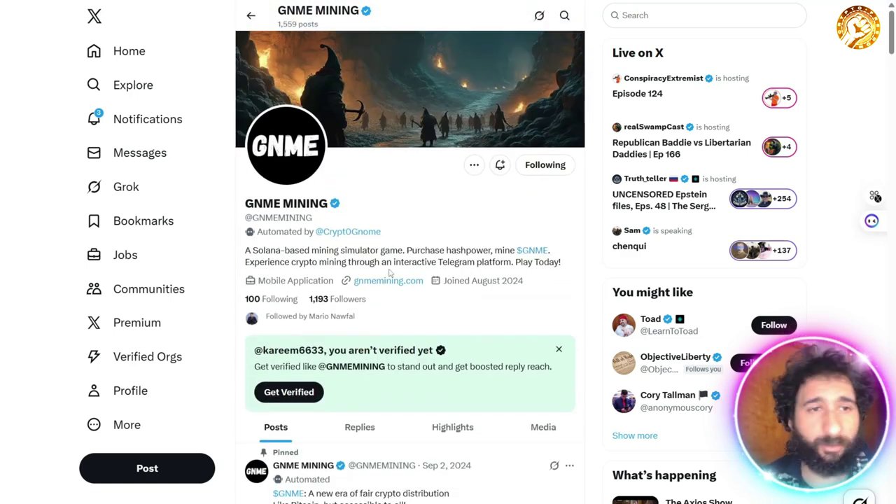 A screenshot showing the active Jim Mining community on Telegram and the project's social links on Twitter (X) and GitHub.