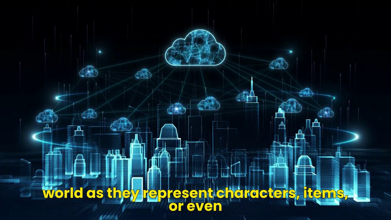 An illustration depicting various in-game items—a sword, a character avatar, and a plot of land—turning into distinct NFT icons.