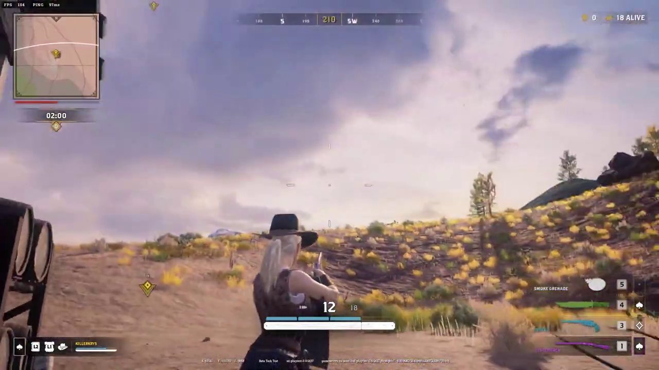 A cinematic screenshot from Grit showcasing a high-detail character in Wild West attire, aiming a rifle in a dusty canyon.