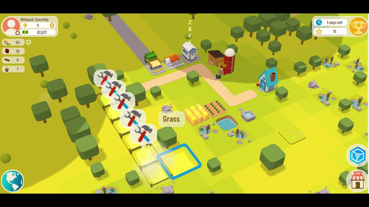 A mid-game town layout showing the gasoline production chain: wind turbines, oil pumps, a water facility by a pond, and a refinery near a paved road.