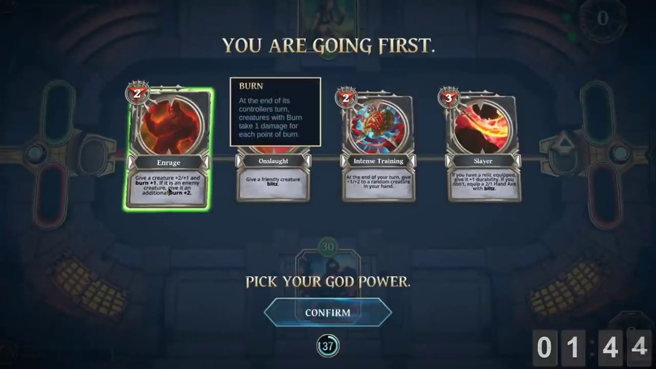 Gameplay footage of Gods Unchained, showing a detailed card battle in progress.