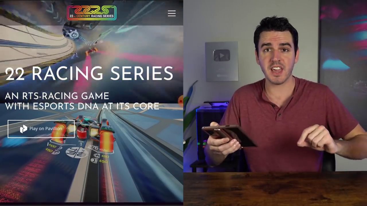 Gameplay screenshot from 22 Racing Series showing a futuristic race car on a vibrant, twisting track.