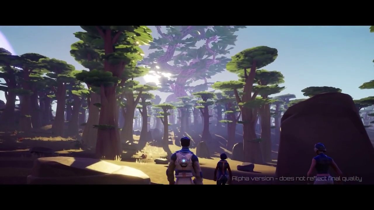 A scene from Life Beyond depicting a futuristic, nature-reclaimed cityscape with a character in high-tech armor.