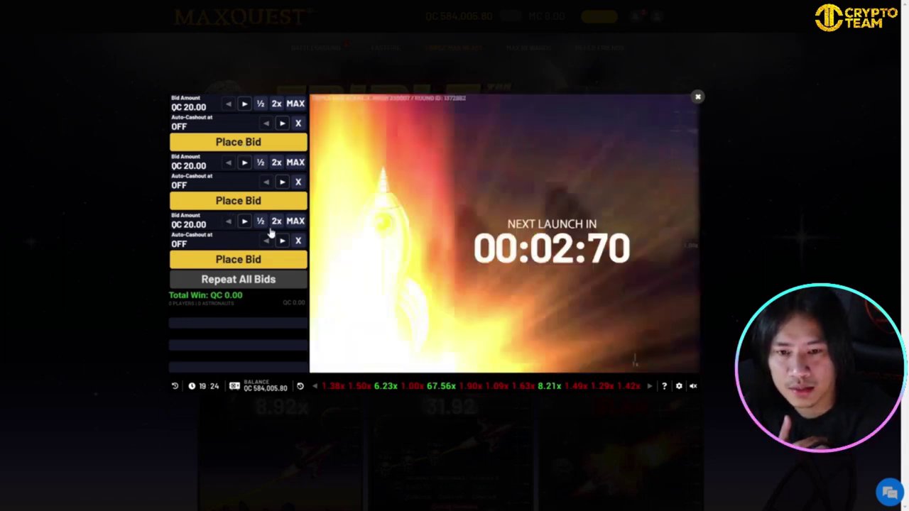 A screenshot of the Triple Max Blast interface, showing the rocket ship in flight and the escalating multiplier.