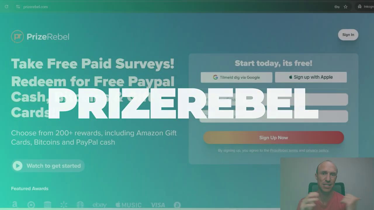 The PrizeRebel payout options page, showing Bitcoin, PayPal, and gift card choices.