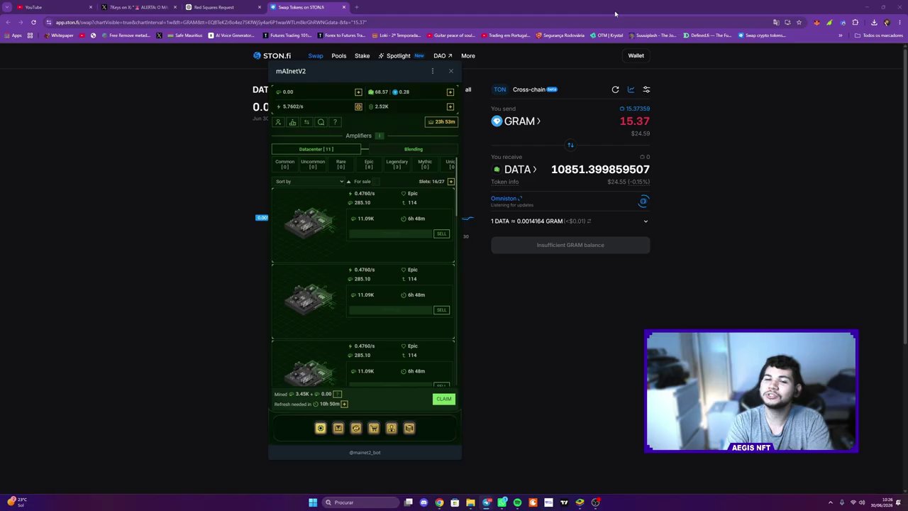 The MyNet game interface showing the main mining dashboard with plate inventory and token balances.