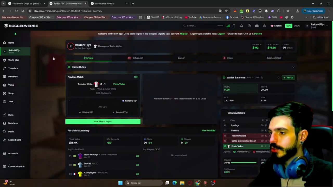 The influence dashboard showing percentages owned in various clubs and players.