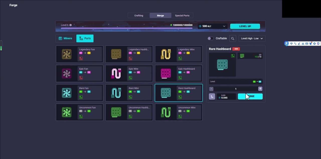 The gear synthesis interface showing high-level equipment being crafted.