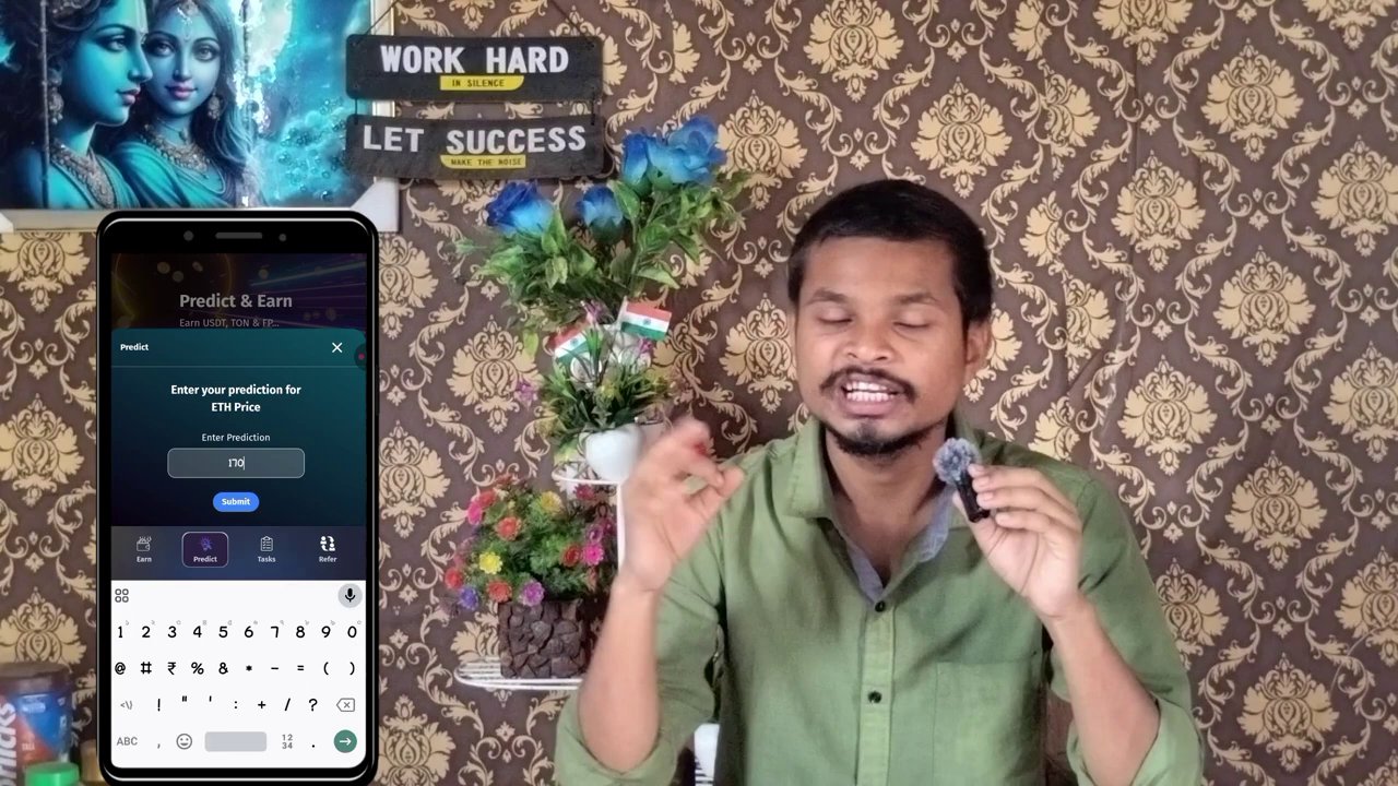 The presenter gestures while explaining the earning mechanics.