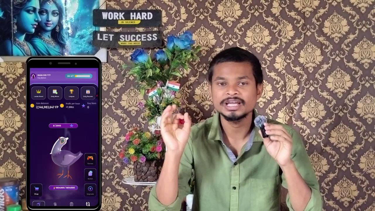 The phone screen showing the game’s main interface with multiple earning options.